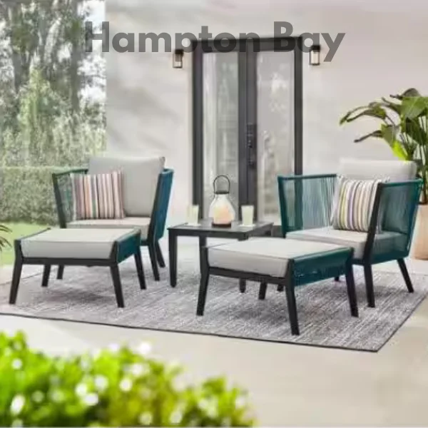 Hampton Bay Heather Glen 5-Piece Metal Patio Conversation Set with CushionGuard Stone Grey Cushions