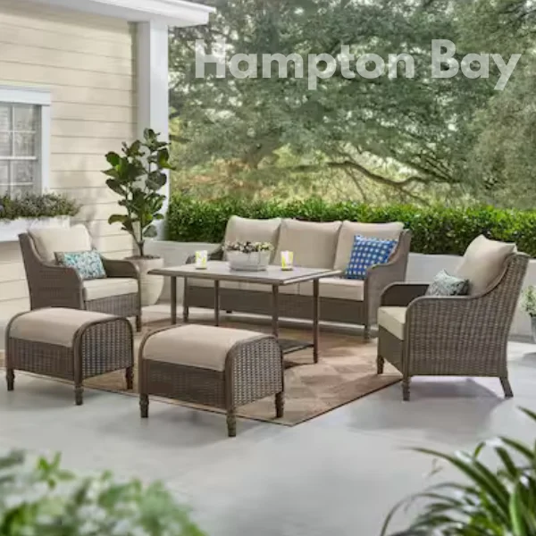 Hampton Bay Windsor 6-Piece Brown Wicker Outdoor Patio Conversation Seating Set with Cushion Guard Biscuit Tan Cushions
